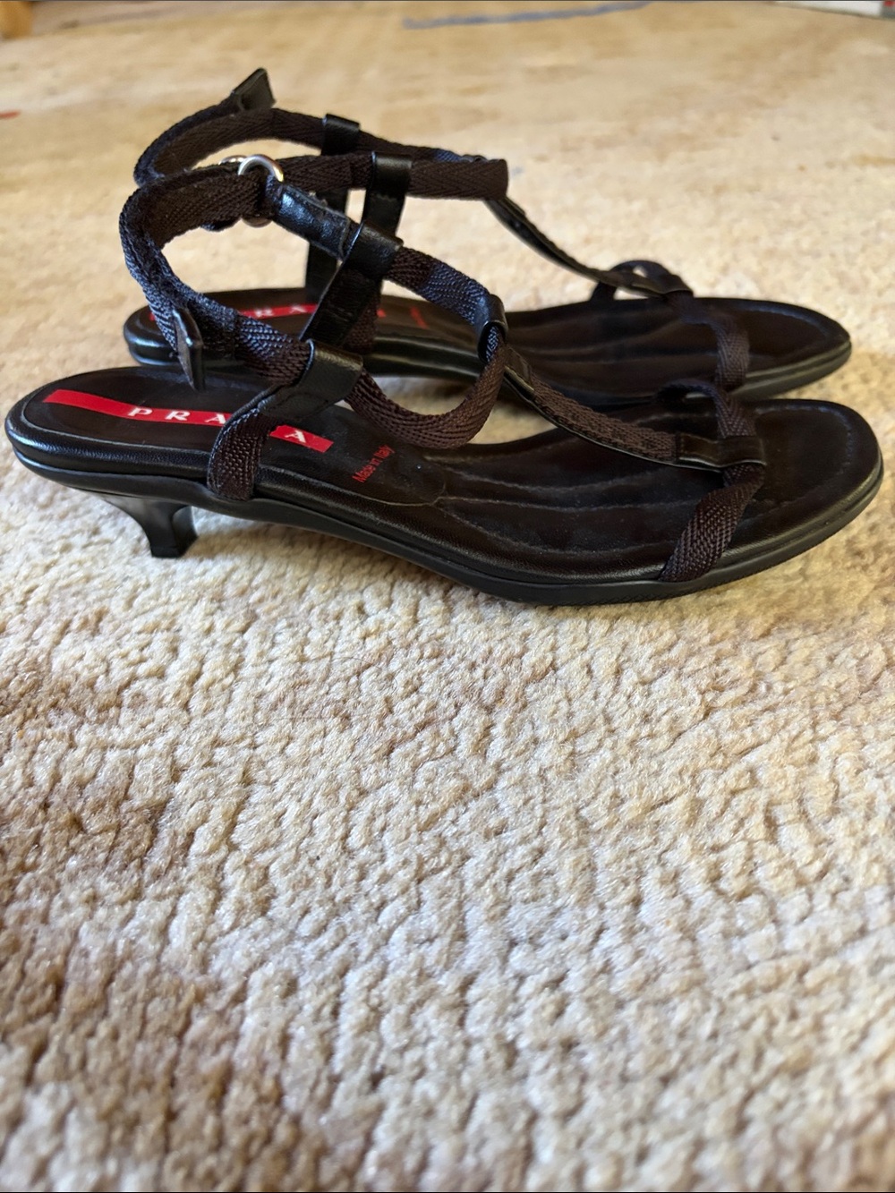 Prada Leather Nylon Logo T-strap Kitten Low Heel Sandals 36.5